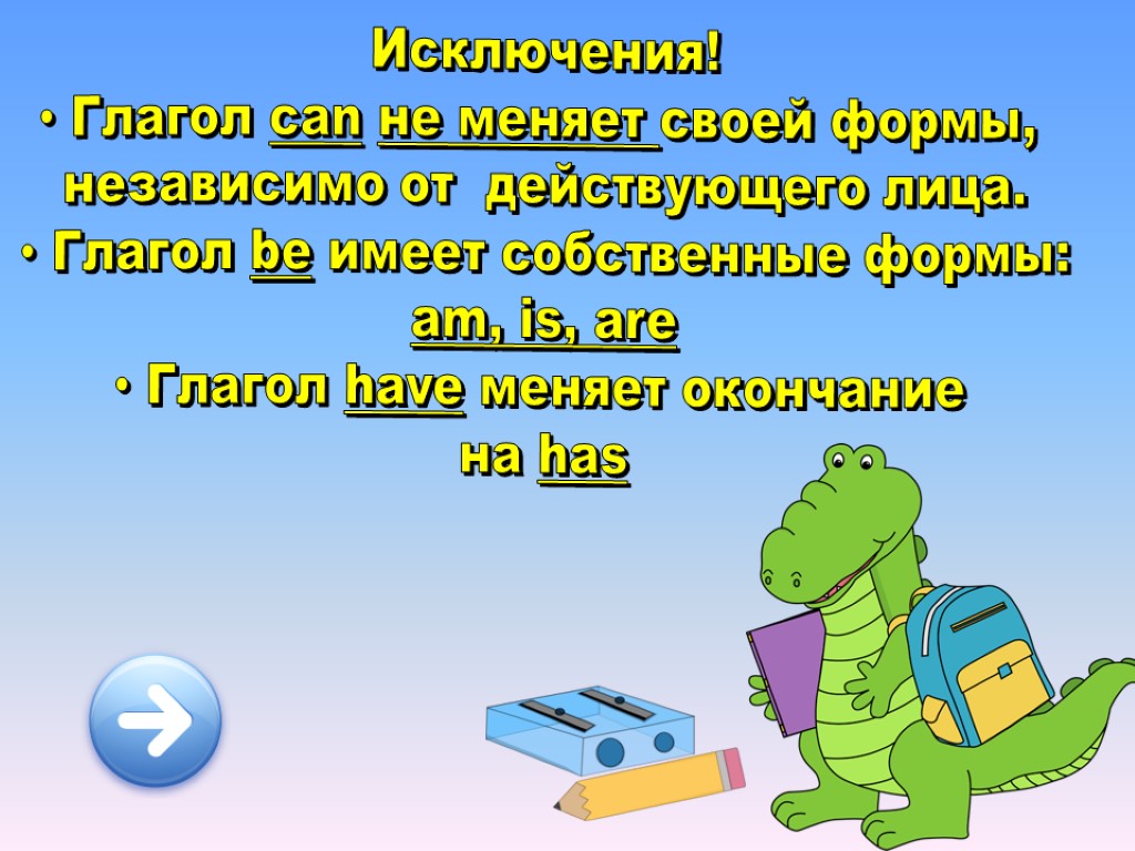 Исключения! Глагол can не меняет своей формы, независимо от действующего лица. Глагол be имеет